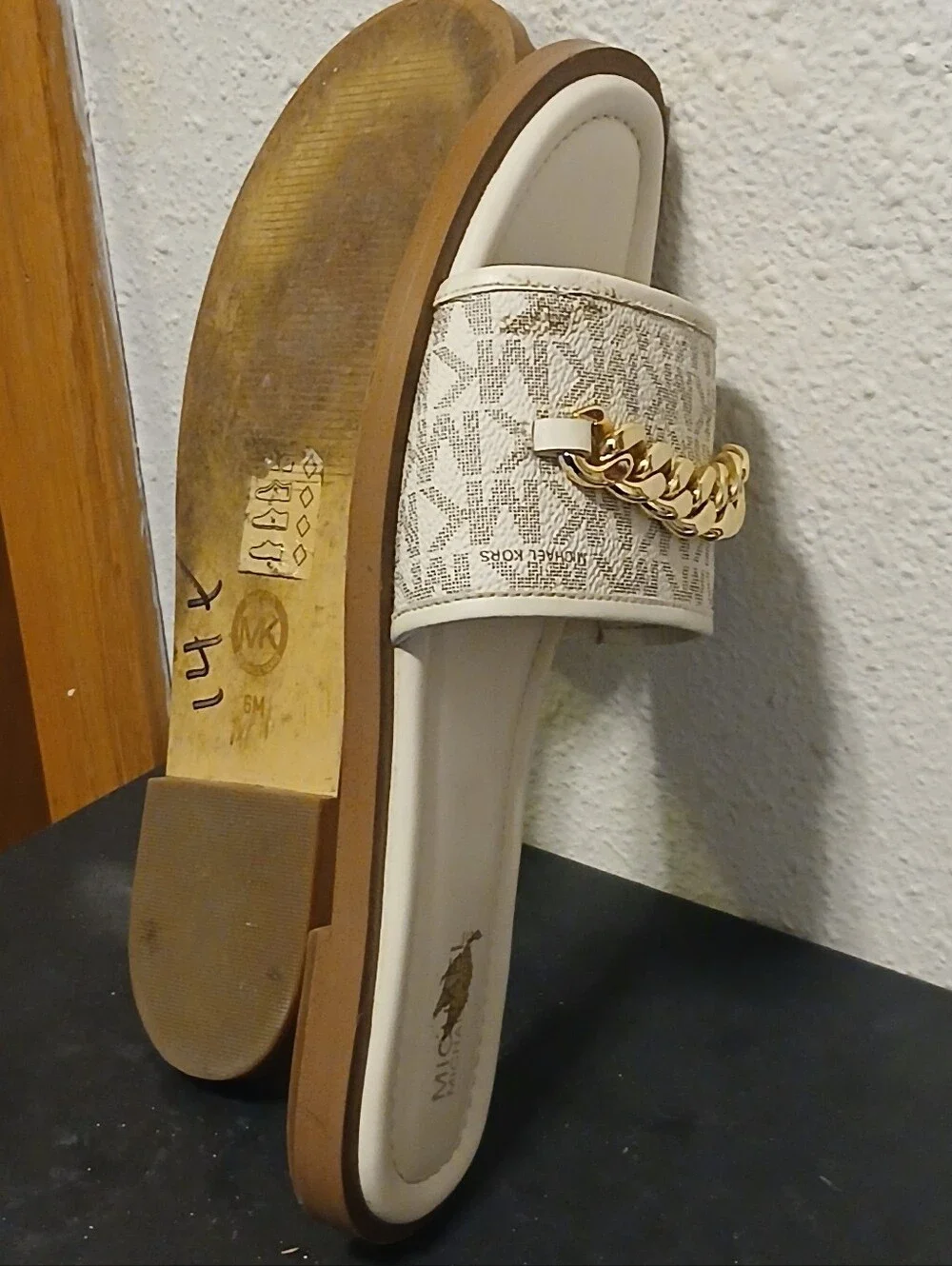 MICHAEL Michael Kors Beige Monogram Gold Chain Slide Sandals - Size 6M